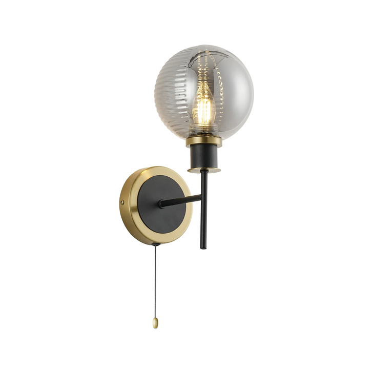 Idolite Haughton IP Switched Wall Light, 1 x E14 With 15cm Round Double Textured Smooth/Ribbed Glass Shade, Brass, Smoke Plated & Satin Black