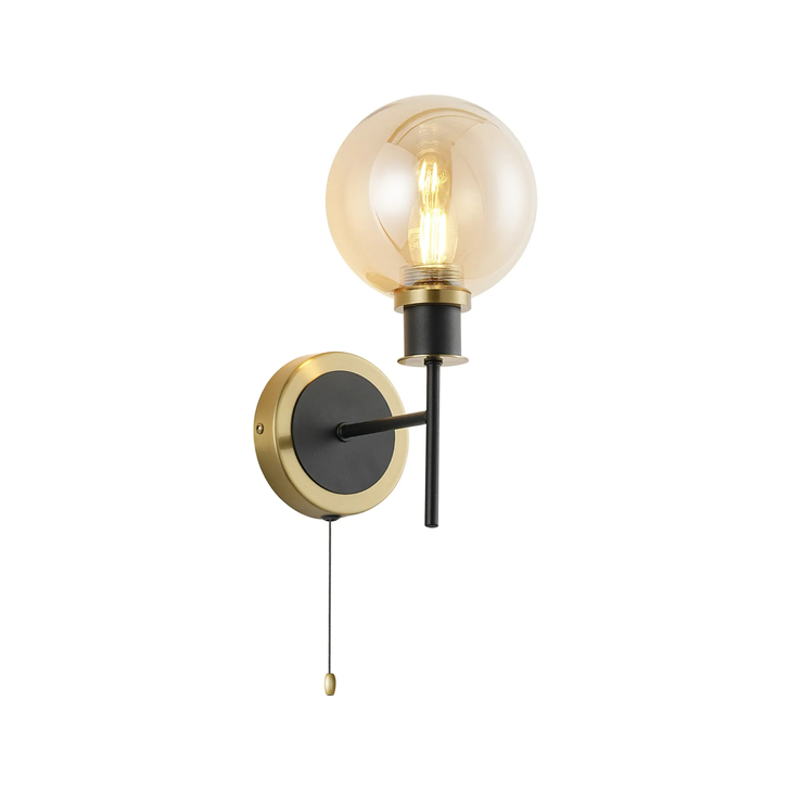 Idolite Haughton IP Switched Wall Light, 1 x E14 With 15cm Round Glass Shade, Brass, Amber Plated & Satin Black