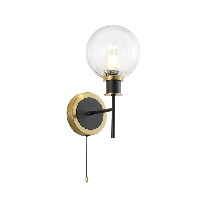 Idolite Haughton IP Switched Wall Light, 1 x E14 With 15cm Round Segment Glass Shade, Brass, Clear & Satin Black