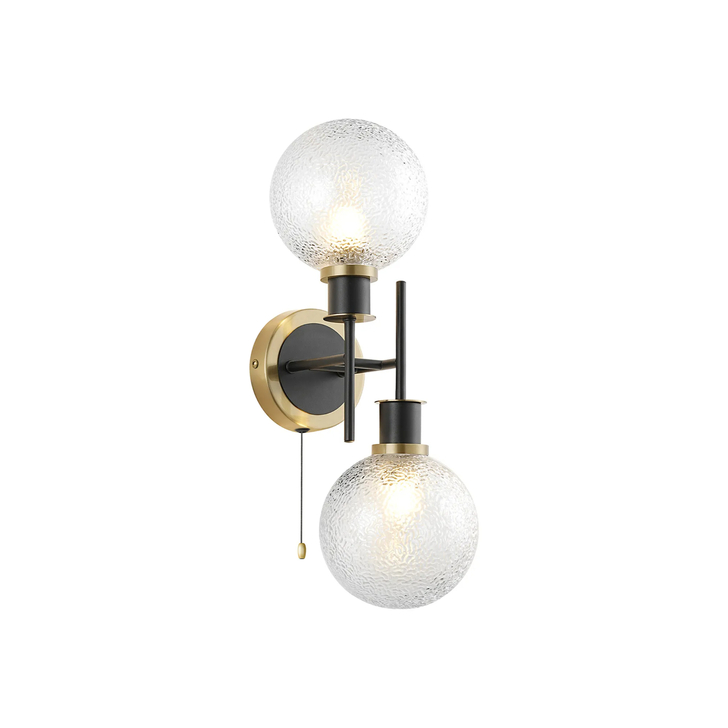 Idolite Haughton IP Switched Wall Light, 2 x E14 With 15cm Round Dimpled Glass Shade, Brass, Clear & Satin Black