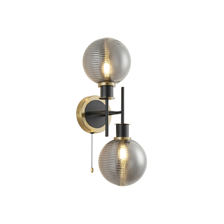 Idolite Haughton IP Switched Wall Light, 2 x E14 With 15cm Round Double Textured Smooth/Ribbed Glass Shade, Brass, Smoke Plated & Satin Black