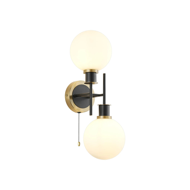 Idolite Haughton IP Switched Wall Light, 2 x E14 With 15cm Round Glass Shade, Brass, Opal & Satin Black