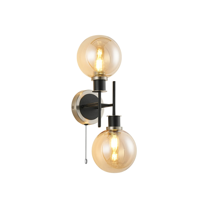 Idolite Haughton IP Switched Wall Light, 2 x E14 With 15cm Round Glass Shade, Satin Nickel, Amber Plated & Satin Black