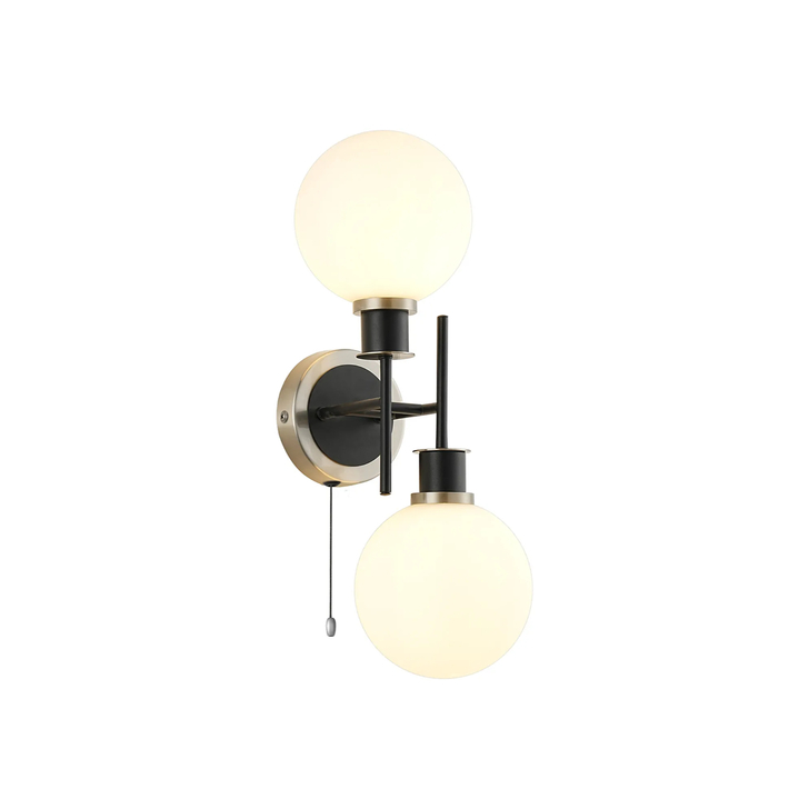 Idolite Haughton IP Switched Wall Light, 2 x E14 With 15cm Round Glass Shade, Satin Nickel, Opal & Satin Black