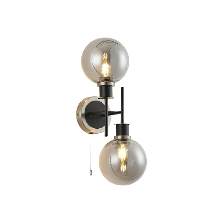 Idolite Haughton IP Switched Wall Light, 2 x E14 With 15cm Round Glass Shade, Satin Nickel, Smoke Plated & Satin Black