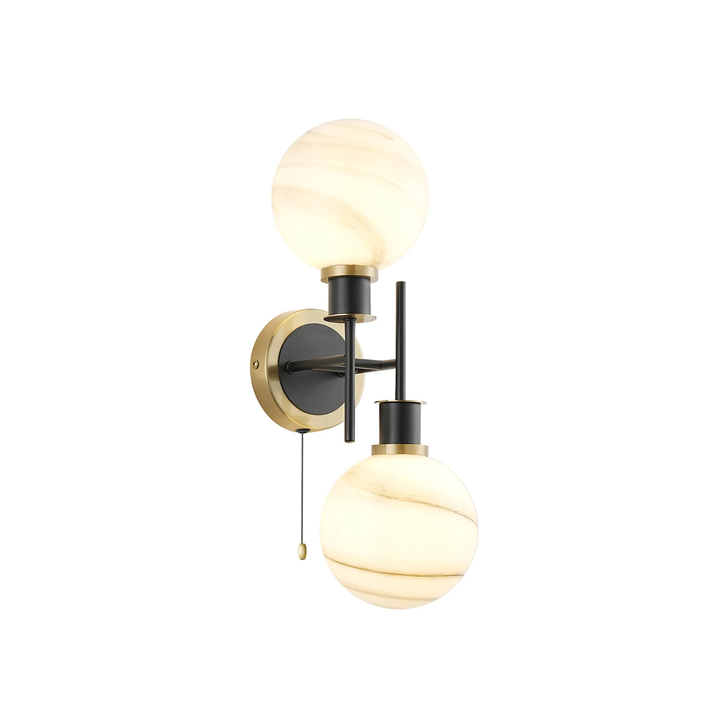 Idolite Haughton IP Switched Wall Light, 2 x E14 With 15cm Round Marble Effect Glass Shade, Brass, White & Satin Black