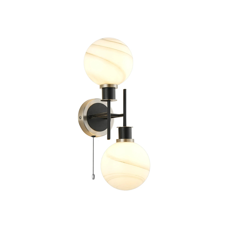Idolite Haughton IP Switched Wall Light, 2 x E14 With 15cm Round Marble Effect Glass Shade, Satin Nickel, White & Satin Black