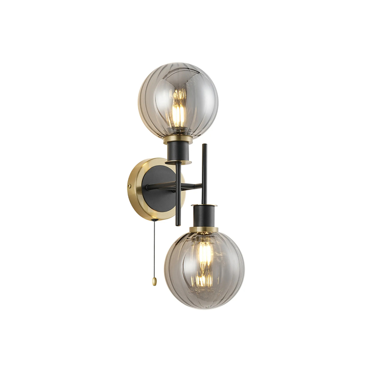 Idolite Haughton IP Switched Wall Light, 2 x E14 With 15cm Round Segment Glass Shade, Brass, Smoke Plated & Satin Black