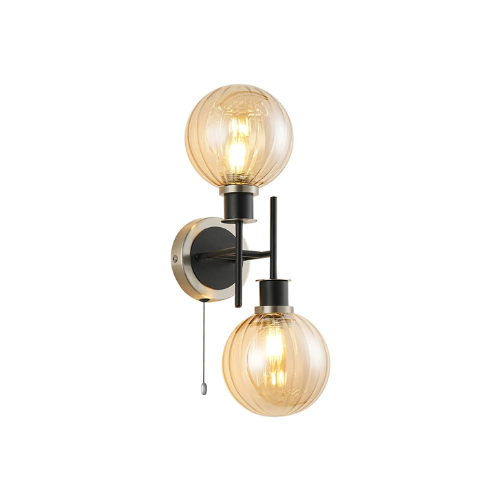 Idolite Haughton IP Switched Wall Light, 2 x E14 With 15cm Round Segment Glass Shade, Satin Nickel, Amber Plated & Satin Black