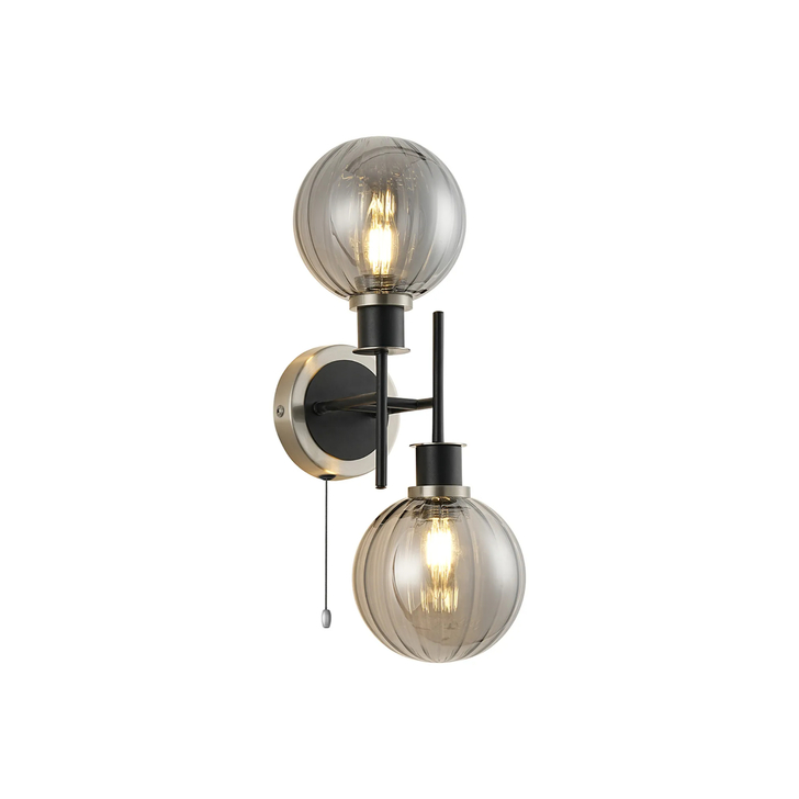 Idolite Haughton IP Switched Wall Light, 2 x E14 With 15cm Round Segment Glass Shade, Satin Nickel, Smoke Plated & Satin Black