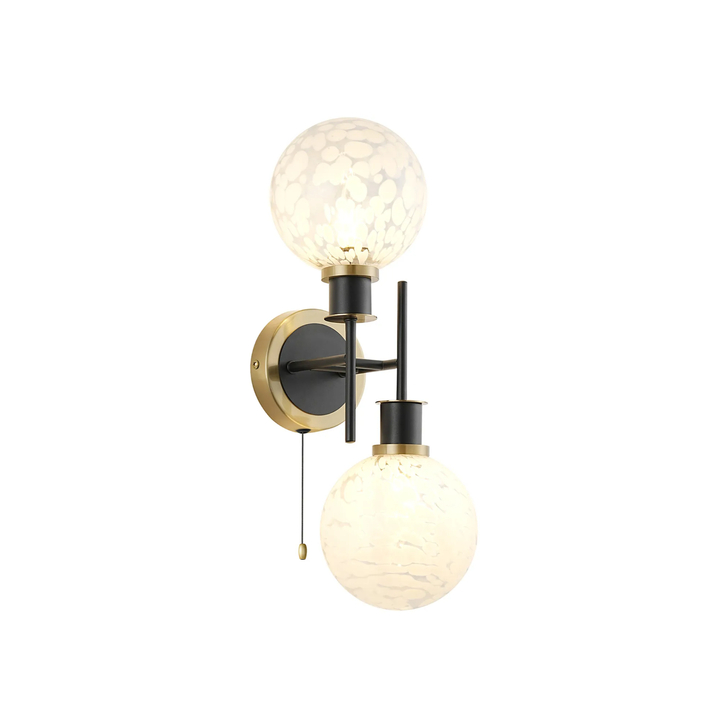 Idolite Haughton IP Switched Wall Light, 2 x E14 With 15cm Round Speckled Glass Shade, Brass, White & Satin Black