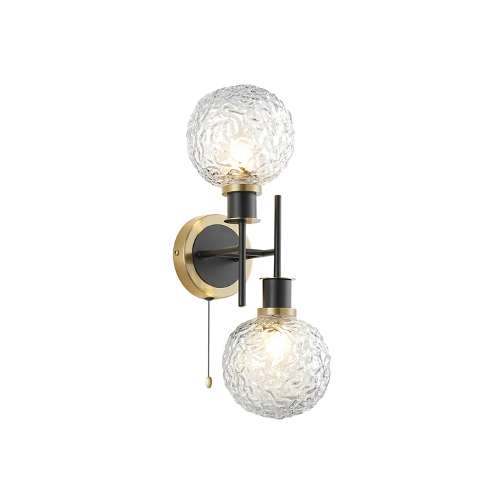 Idolite Haughton IP Switched Wall Light, 2 x E14 With 15cm Round Textured Crumple Glass Shade, Brass, Clear & Satin Black