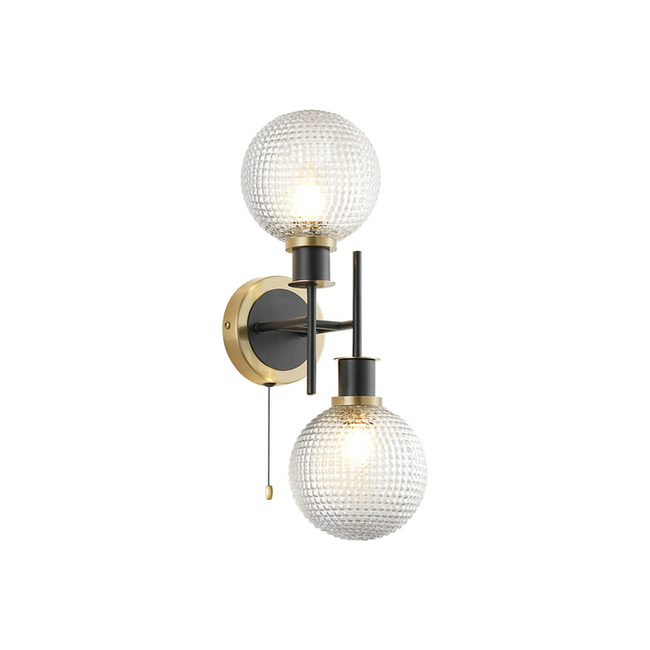 Idolite Haughton IP Switched Wall Light, 2 x E14 With 15cm Round Textured Diamond Pattern Glass Shade, Brass, Clear & Satin Black