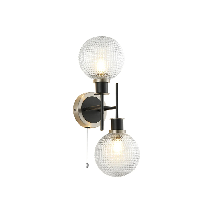 Idolite Haughton IP Switched Wall Light, 2 x E14 With 15cm Round Textured Diamond Pattern Glass Shade, Satin Nickel, Clear & Satin Black