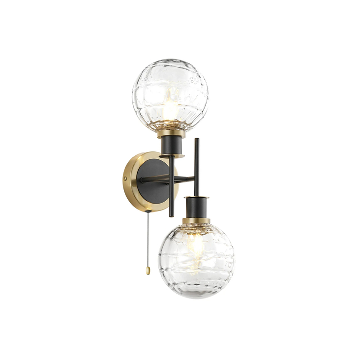 Idolite Haughton IP Switched Wall Light, 2 x E14 With 15cm Round Textured Melting Glass Shade, Brass, Clear & Satin Black