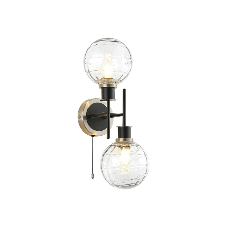 Idolite Haughton IP Switched Wall Light, 2 x E14 With 15cm Round Textured Melting Glass Shade, Satin Nickel, Clear & Satin Black