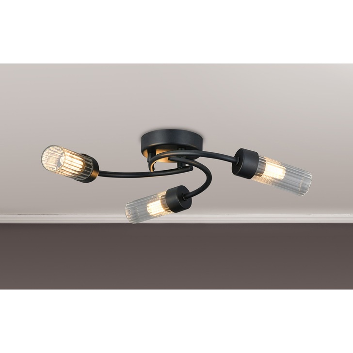 Idolite Holgate Flush 3 Light Bathroom Ceiling Light In Satin Black Complete With Clear Glasses - IP44