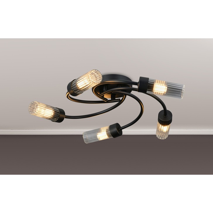 Idolite Holgate Flush 5 Light Bathroom Ceiling Light In Satin Black Complete With Clear Glasses - IP44