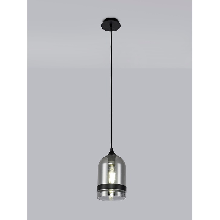 Idolite Kali Matt Black Finish Single Pendant Light C/W Smoked Glass