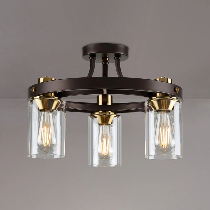 Idolite Karakoram 3 Light Semi Flush Brown Oxide Ceiling Light Complete With Clear Glasses