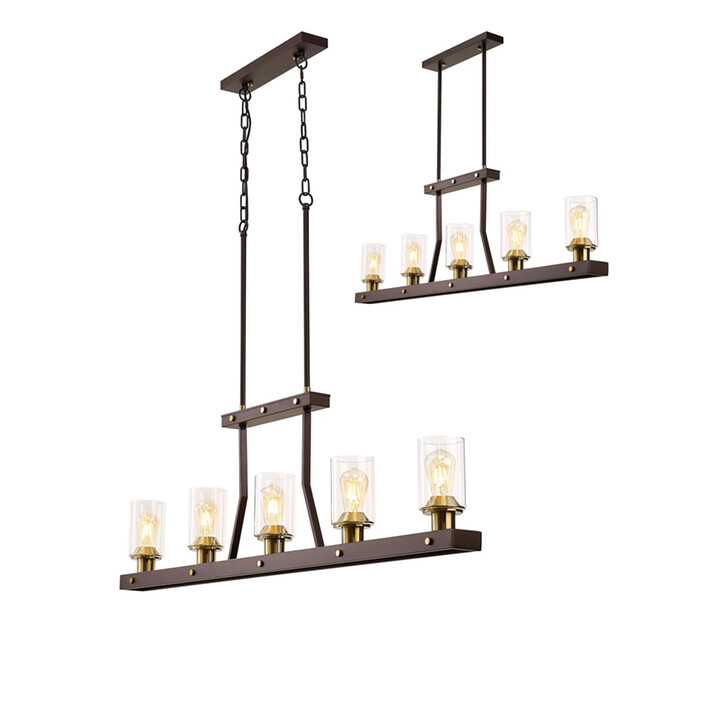 Idolite Karakoram 5 Light Linear Brown Oxide/Gold Bronze Finish Ceiling Pendant Light Complete With Clear Glasses