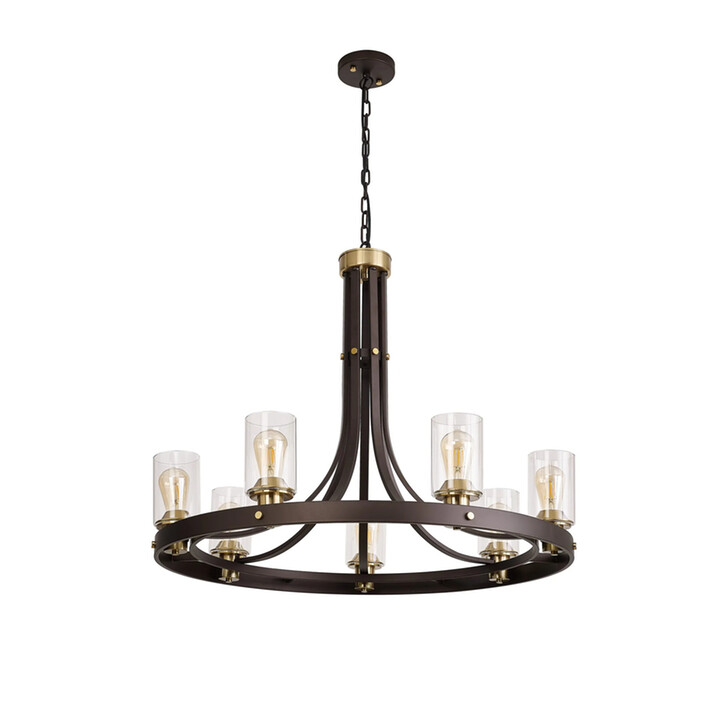 Idolite Karakoram 7 Light Brown Oxide/Gold Bronze Finish Ceiling Pendant Light Complete With Clear Glasses