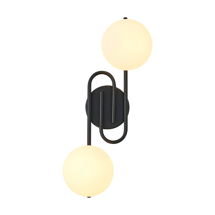 Idolite Lynch Satin Black Flush 2 Light Bathroom Wall Light Complete With Opal Glasses - IP44