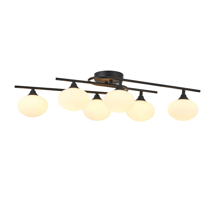 Idolite Lynch Satin Black Flush 6 Light Bathroom Ceiling Light Complete With Opal Glasses - IP44