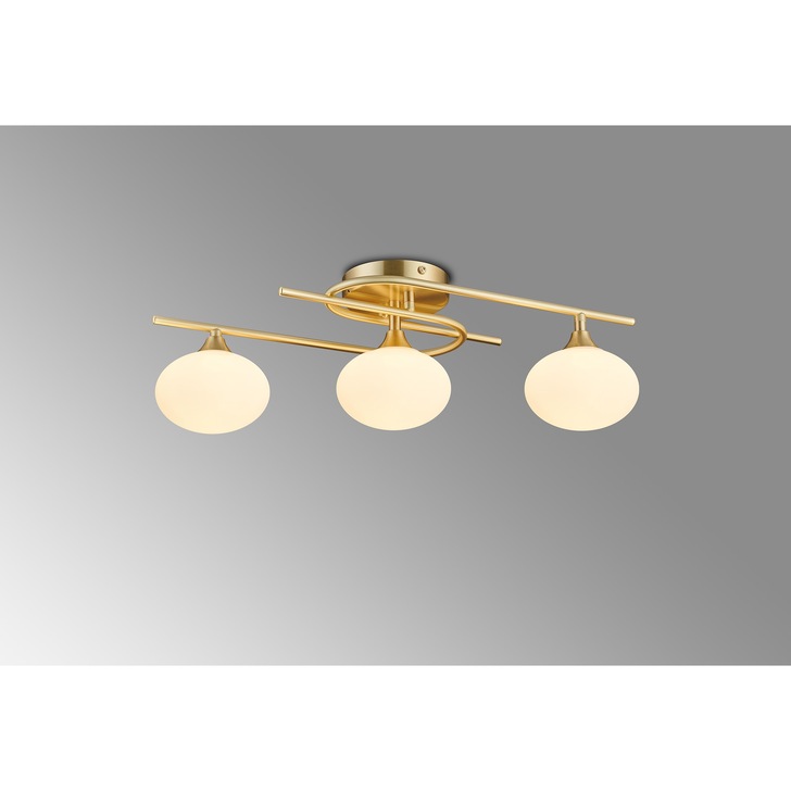 Idolite Lynch Satin Brass Flush 3 Light Bathroom Ceiling Light Complete With Opal Glasses - IP44