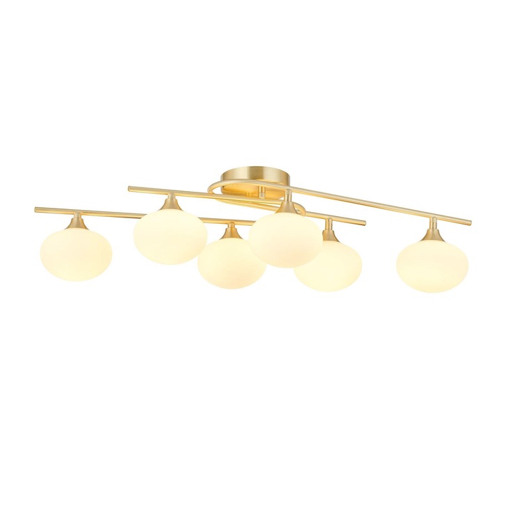 Idolite Lynch Satin Brass Flush 6 Light Bathroom Ceiling Light Complete With Opal Glasses - IP44