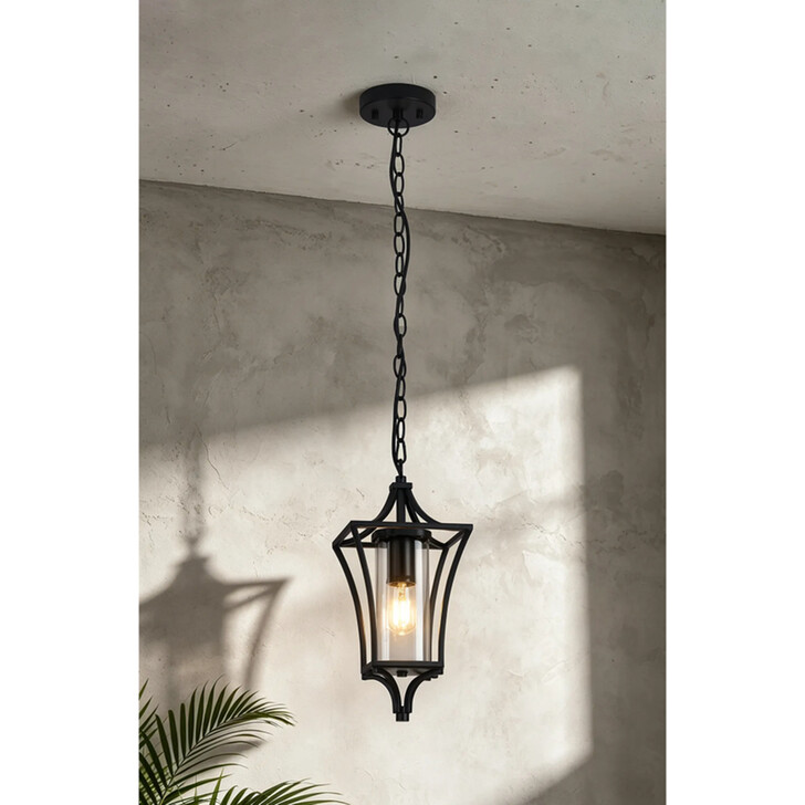 Idolite Nantwich Downward Facing Black Curved Frame Outdoor Pendant Light Complete WIth Clear Cylindrical Glass - IP54