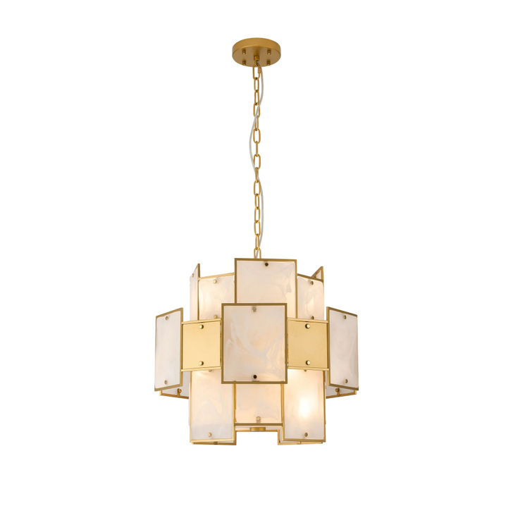 Idolite Natron 45cm Round Pendant/Semi Flush White Glass Alabaster & Metal: 7 x E14: 1m Chain: Gold/White Frosted