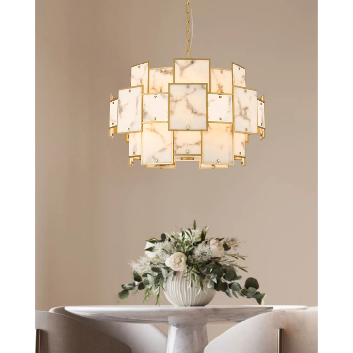 Idolite Natron 59cm Round Pendant/Semi Flush Faux Alabaster: 12 x E14: 1.5m Chain: Gold/Grey