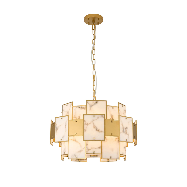 Idolite Natron 59cm Round Pendant/Semi Flush Faux Alabaster & Metal: 12 x E14: 1.5m Chain: Gold/Grey
