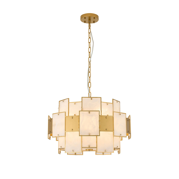 Idolite Natron 59cm Round Pendant/Semi Flush White Glass Alabaster & Metal: 12 x E14: 1.5m Chain: Gold/White Frosted