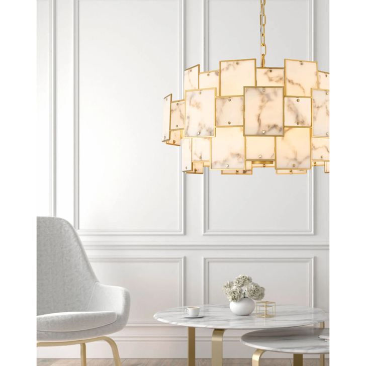 Idolite Natron 74cm Round Pendant/Semi Flush Faux Alabaster: 17 x E14: 2m Chain: Gold/Grey