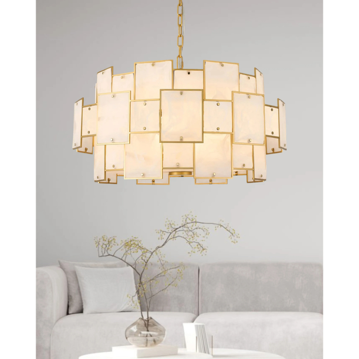 Idolite Natron 74cm Round Pendant/Semi Flush White Glass Alabaster: 17 x E14: 2m Chain: Gold/White Frosted
