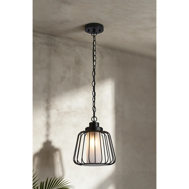 Idolite Newport Black Wire Cage Exterior Pendant Light Complete With Frosted Glass - Ip54