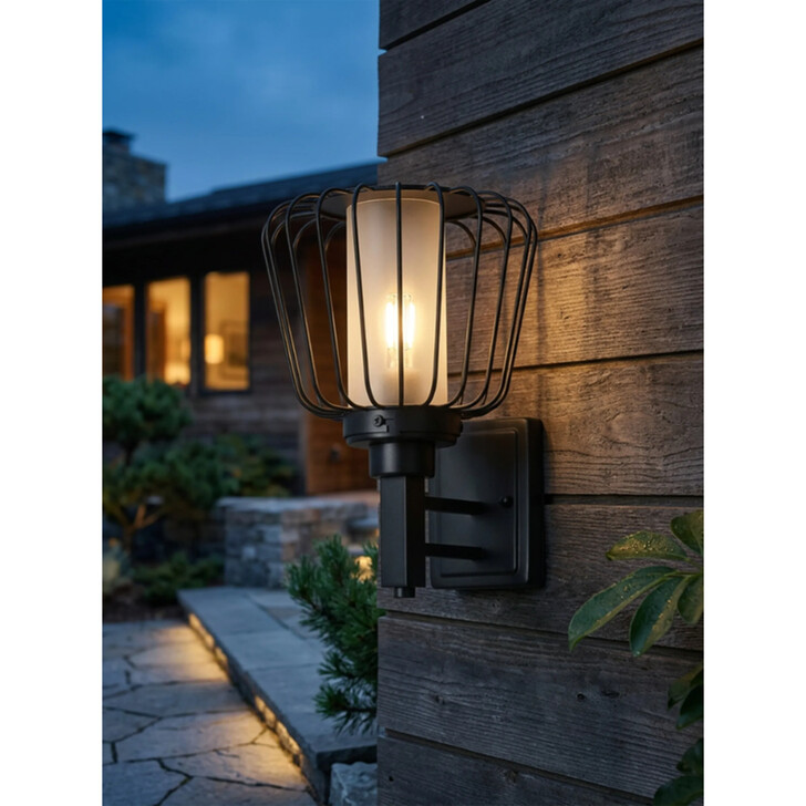 Idolite Newport Black Wire Cage Exterior Wall Light Complete With Frosted Glass - Ip54