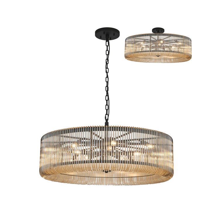 Idolite Nuboda 100cm 15 Light Round Pendant Black With Smoke Brown Glass Rods