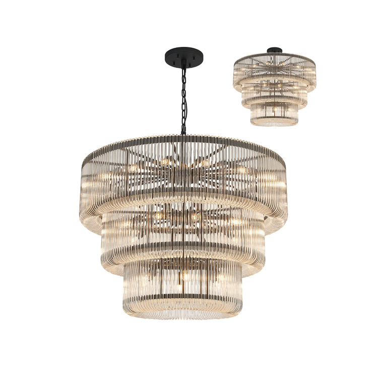 Idolite Nuboda 100cm 32 Light 3 Tier Pendant Black With Clear Glass Rods