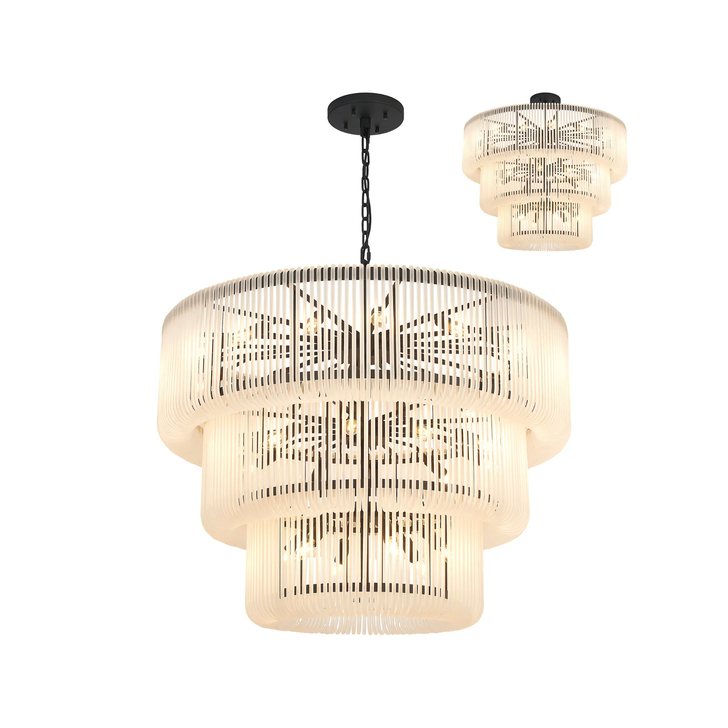 Idolite Nuboda 100cm 32 Light 3 Tier Pendant Black With Frosted Glass Rods