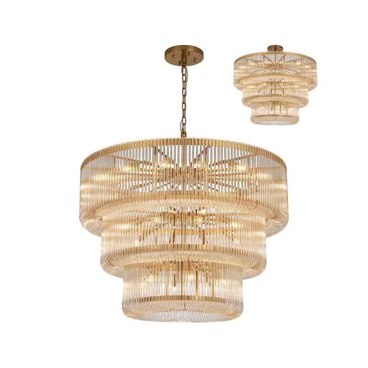 Idolite Nuboda 100cm 32 Light 3 Tier Pendant Brass With Clear Glass Rods