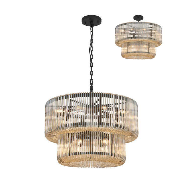 Idolite Nuboda 78cm 16 Light 2 Tier Pendant Black With Smoke Brown Glass Rods
