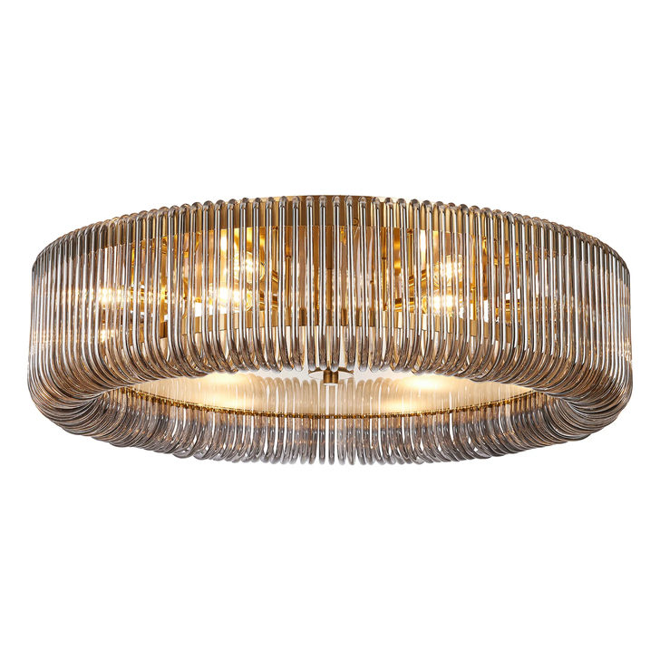 Idolite Nuboda 78cm Extra Large 12 Light Flush Brass Finish Ceiling Light Complete With Smoke Glass Rods