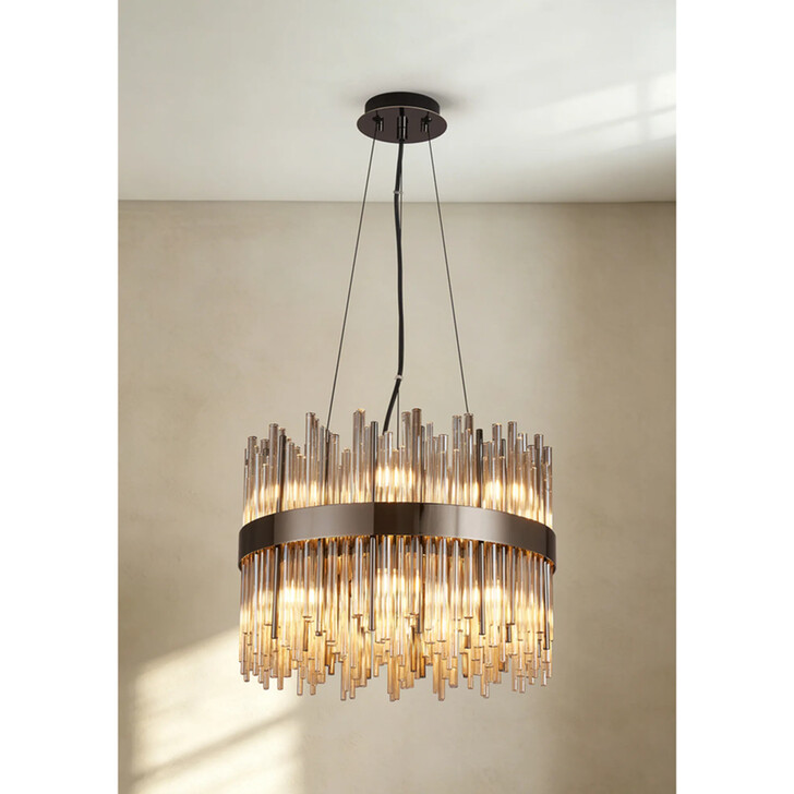 Idolite Ohird 40cm Black Chrome And Cognac 6 Light Round Glass Pendant Light