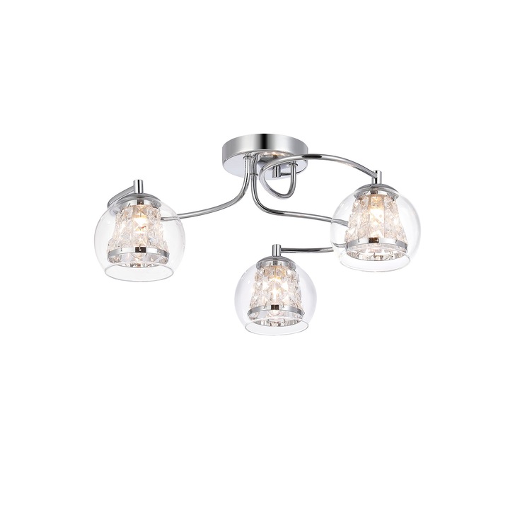 Idolite Patterson 3 Light Polished Chrome Flush Bathroom Light Complete With Clear Glasses and Crystal Decoration - IP44