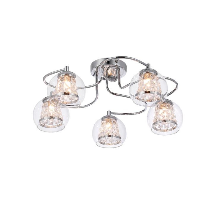 Idolite Patterson 5 Light Polished Chrome Flush Bathroom Light Complete With Clear Glasses and Crystal Decoration - IP44