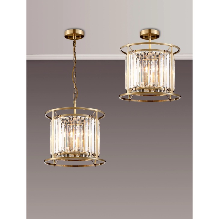 Idolite Petra 3 Light Pendant/Semi-Flush Ceiling Light Antique Brass With Clear Crystal