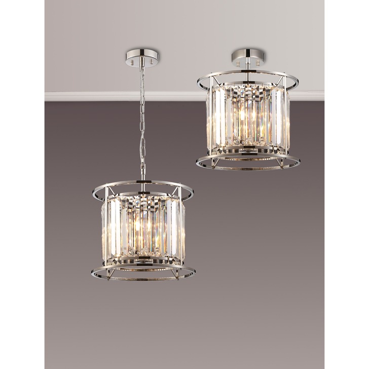 Idolite Petra 3 Light Pendant/Semi-Flush Ceiling Light Polished Nickel With Clear Crystal